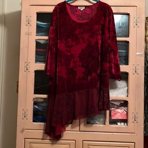 Scoop Neck Long Sleeve Top w/ Asymmetrical Hemline, Chiffon Ruffle, & Crystals-